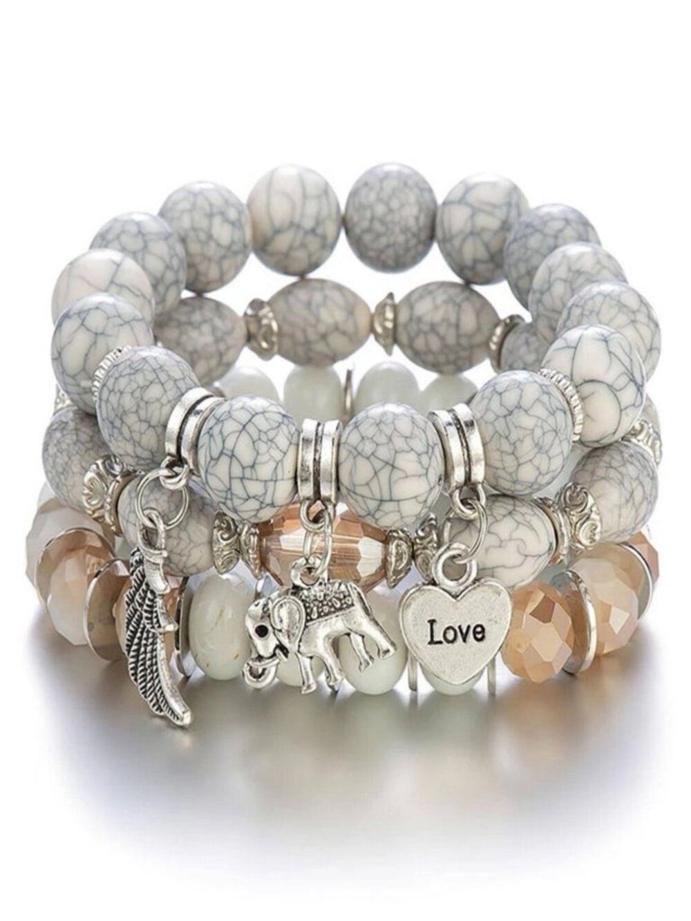 Boho Beaded Stretch Bracelet Stack Elephant Love Charm
